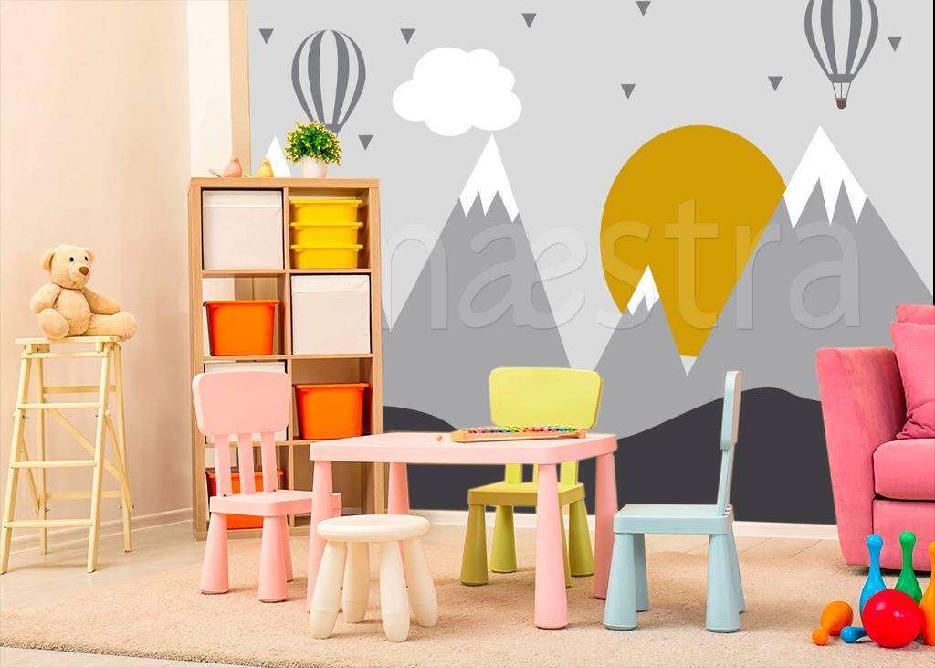 Фотообои в интерьере горы с оранжевым солнцем  12-442 фото