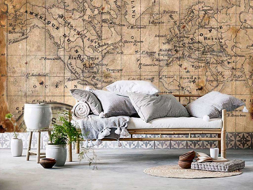 Фотообои в интерьере карта в бежевом цвете  9-432 фото