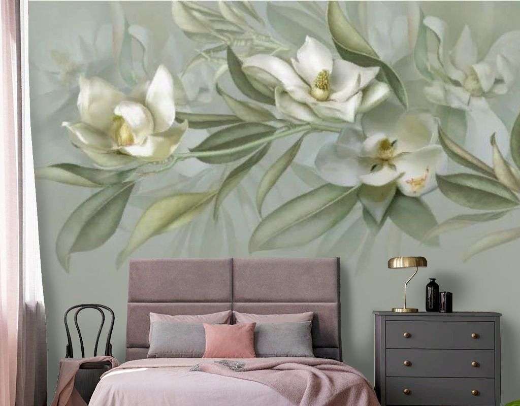 Фотообои в интерьере цветы на оливковом фоне  14-799 фото