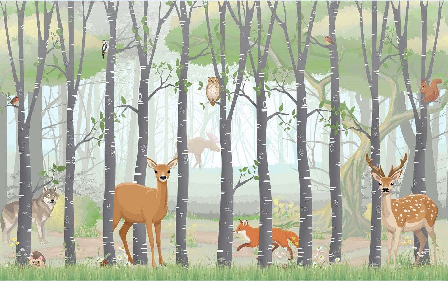 Фотообои в интерьере лес с животными в детскую  14-514 фото