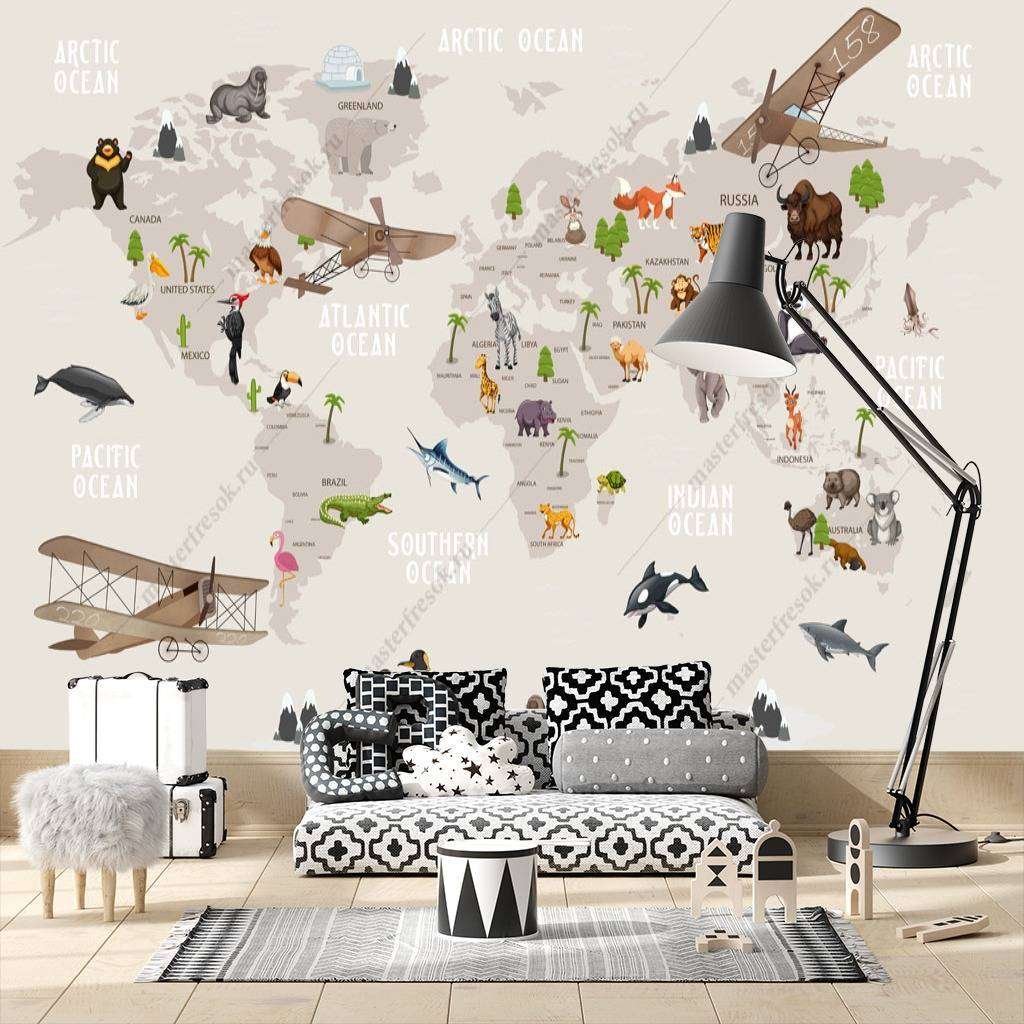 Фотообои Бесшовные обои на стену:  Карта мира бежевая. Артикул: 12-781  