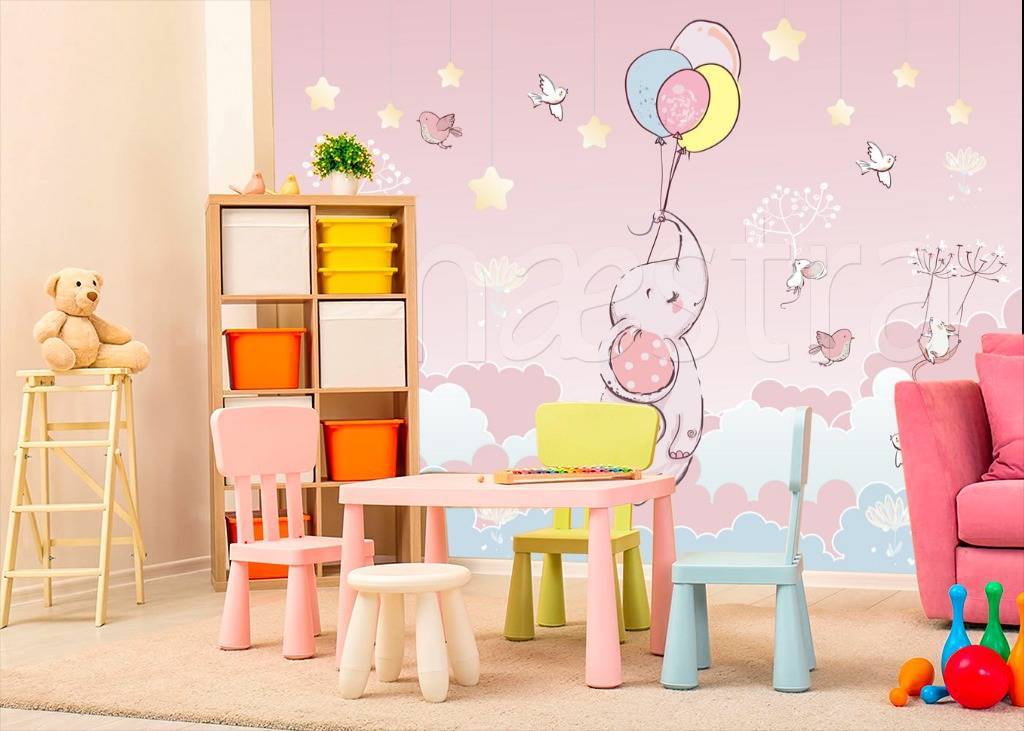 Фотообои Слон парит в облаках на розовом фоне  12-410