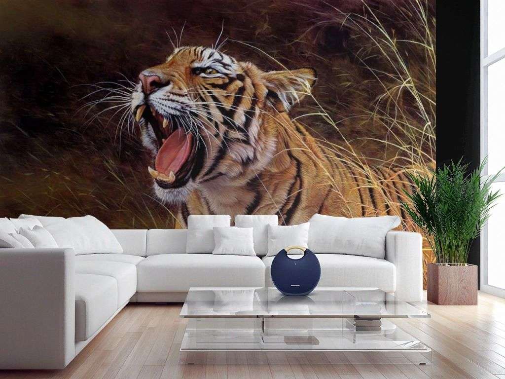 Фотообои в интерьере ревущий тигр  17-4420 фото