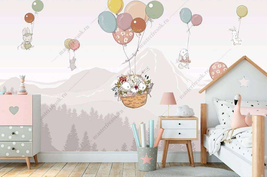 Фотообои в интерьере зайчики на шариках в горах  14-075 фото