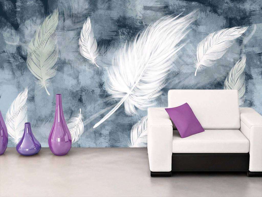 Фотообои в интерьере перья на синем фоне  10-843 фото