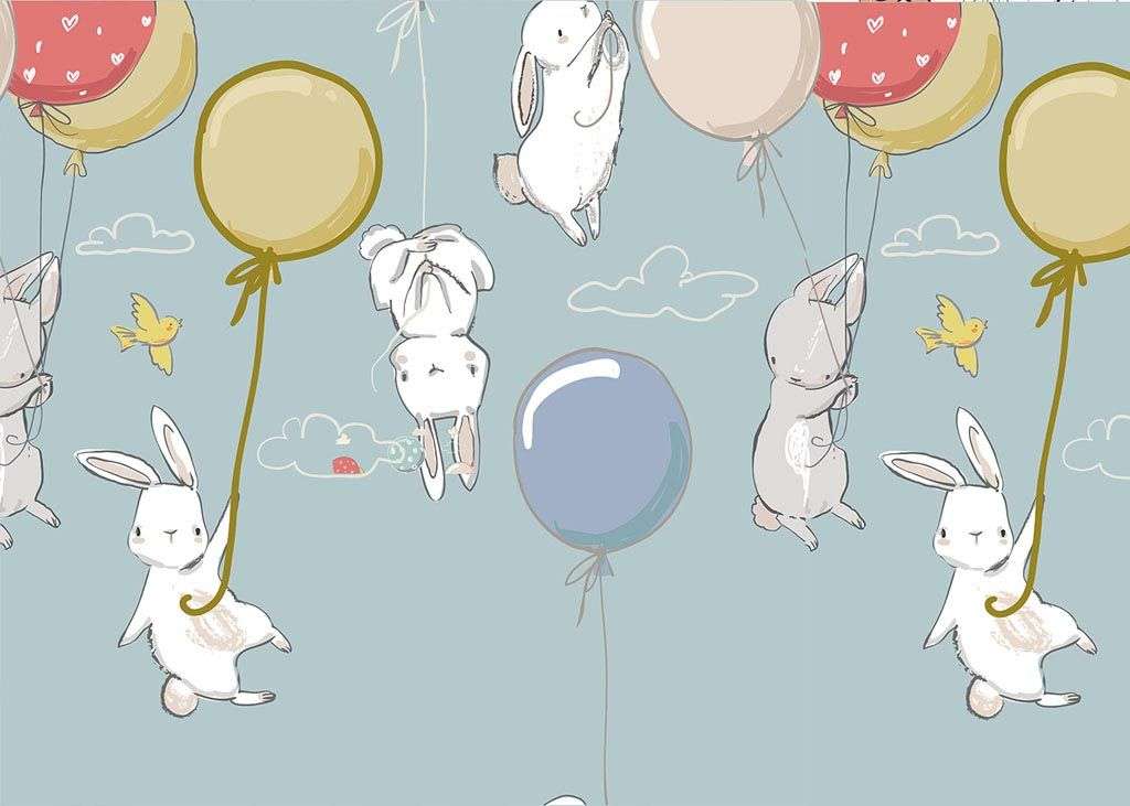 Фотообои в интерьере зайчики на воздушных шарах  12-724 фото