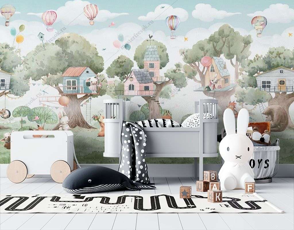 Фотообои в интерьере деревья и животные с домиками  14-371 фото