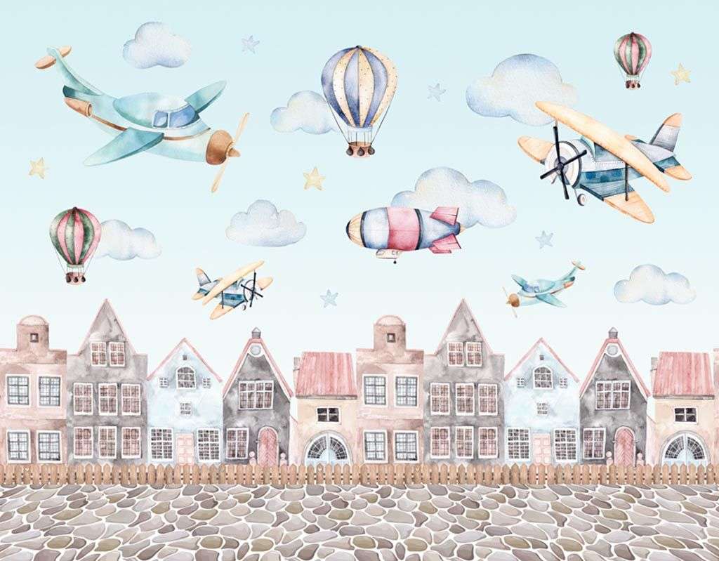 Фотообои в интерьере самолеты над городом  12-943 фото