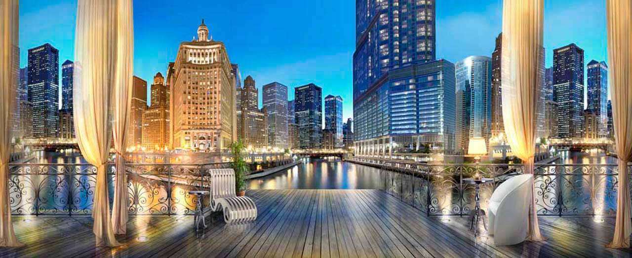 Фотообои в интерьере кафе в ночном мегаполисе  11-106 фото