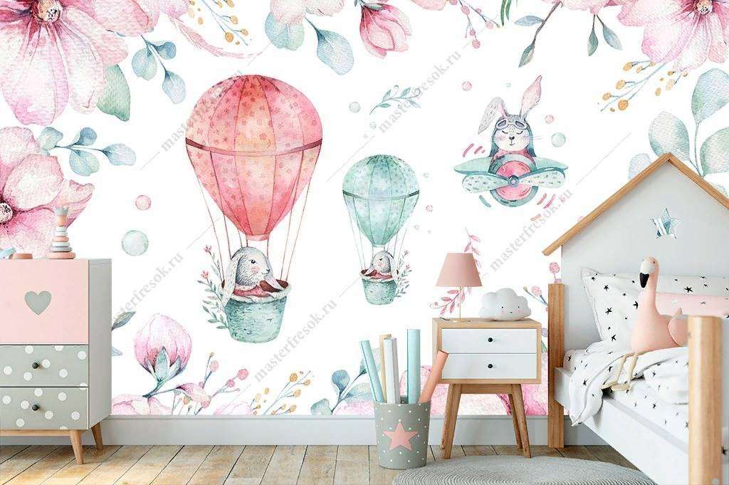 Фотообои в интерьере розовые цветы и зайка на воздушном шаре  14-065 фото