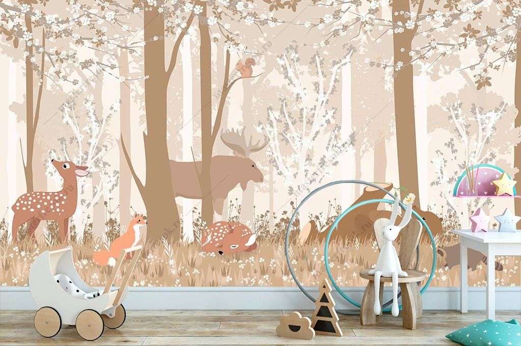 Фотообои в интерьере животные в лесу в бежевых тонах   12-1600 фото