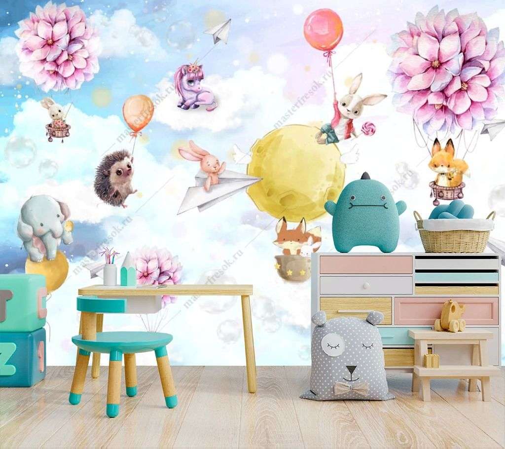 Фотообои в интерьере зверята на воздушных шариках  12-1308 фото