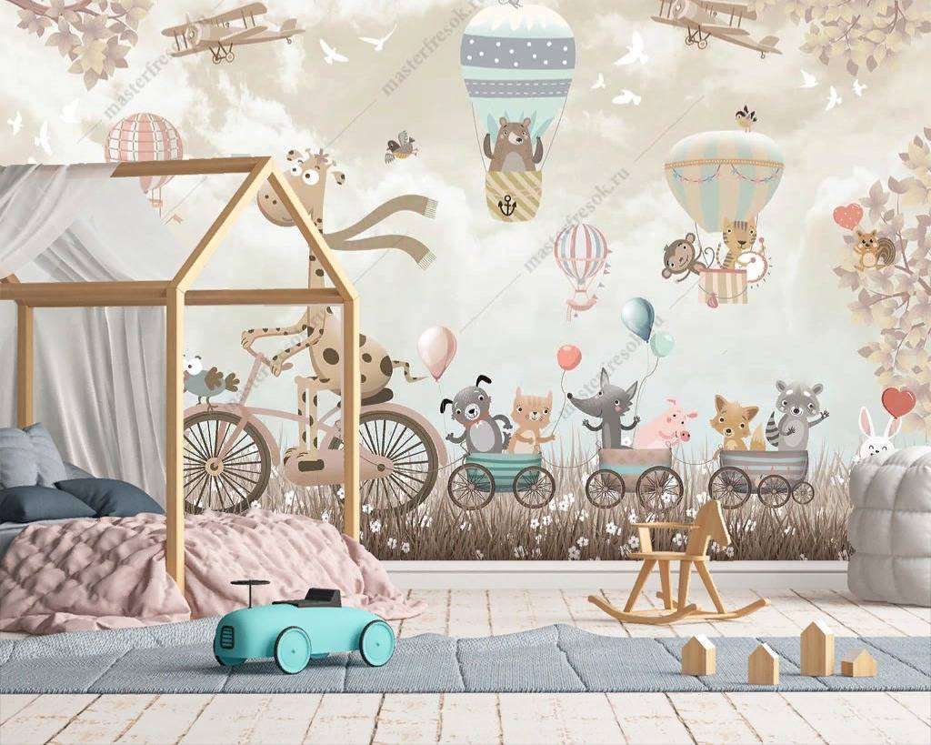 Фотообои Бесшовные обои на стену:  Жираф на велосипеде. Артикул: 12-1173  