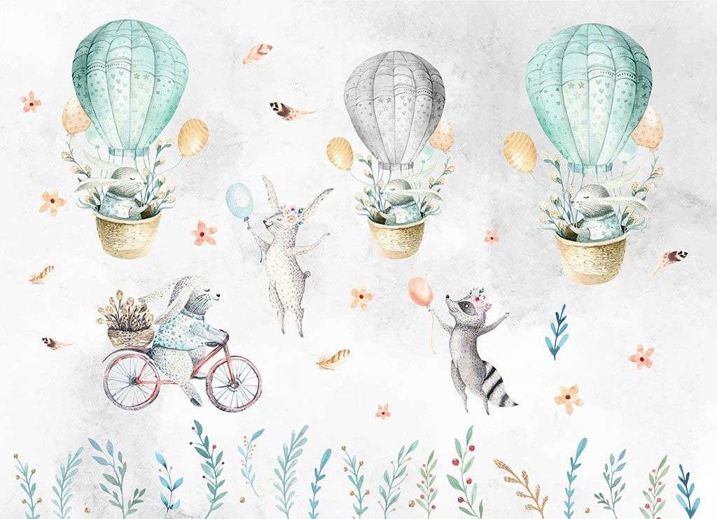 Фотообои в интерьере зайчики на воздушном шаре  14-226 фото