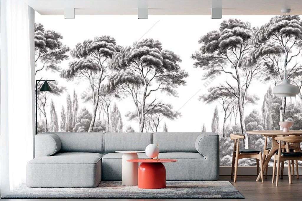 Фотообои в интерьере гризайль деревья  9-1674 фото