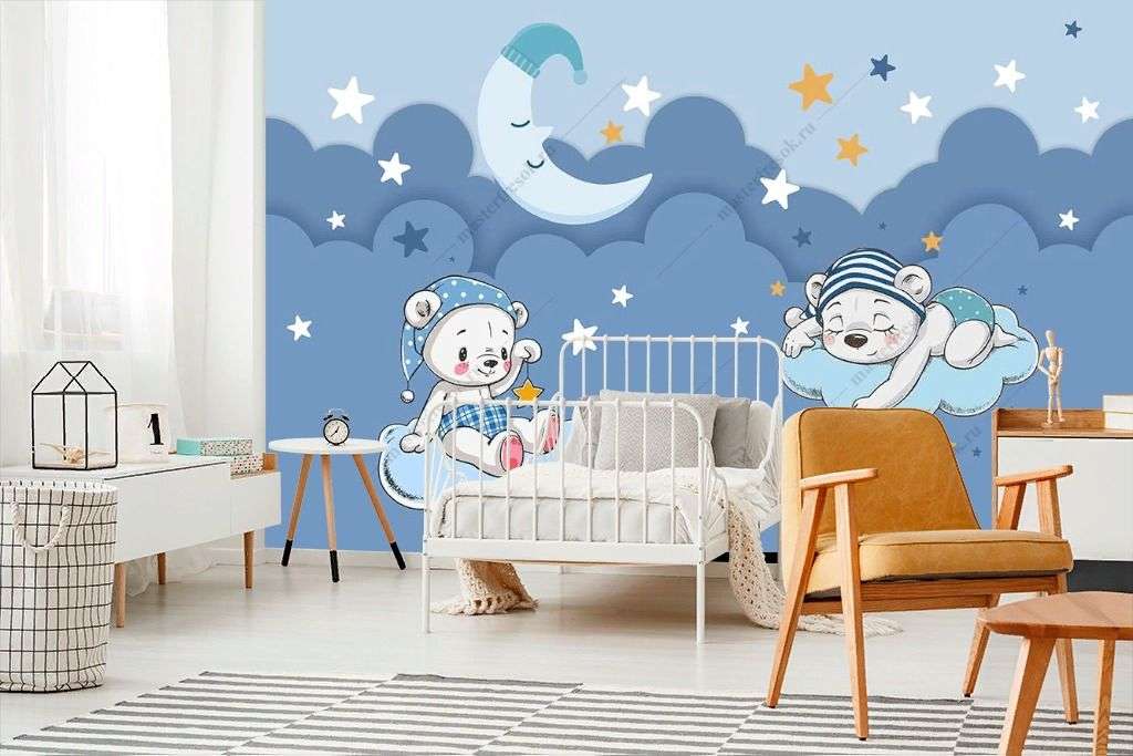 Фотообои в интерьере медвежонок спит на облачке  12-1290 фото