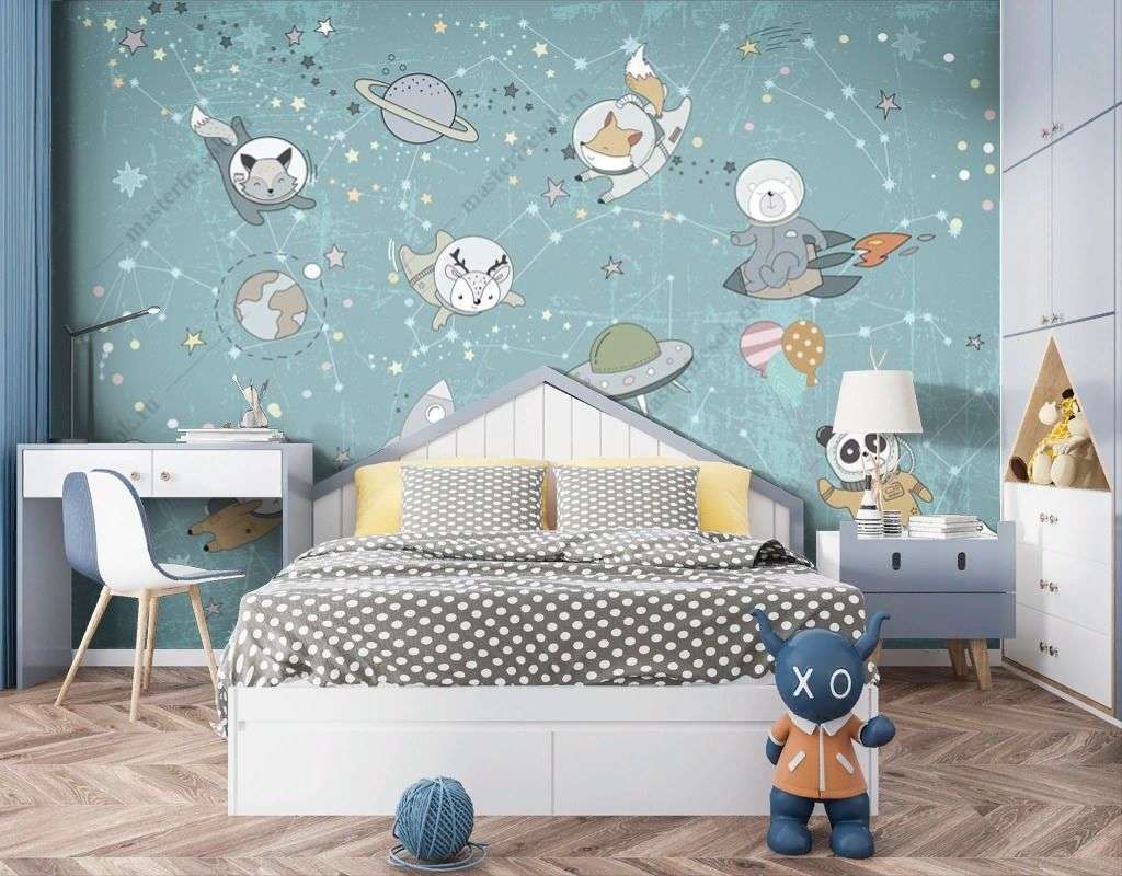 Фотообои в интерьере космос детский с животными  14-669 фото
