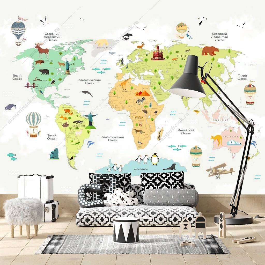 Фотообои в интерьере разноцветная карта на белом фоне  14-181 фото