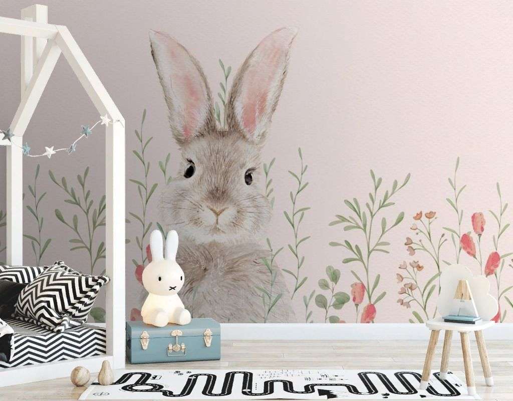 Фотообои в интерьере зайка нежный в цветах  14-794 фото