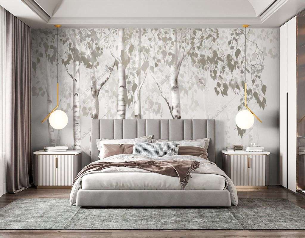 Фотообои в интерьере березовый лес серый  13-620 фото