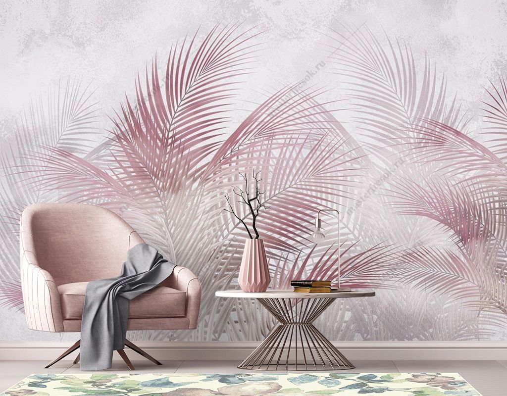 Фотообои розовые пальмовые листья    9-1901