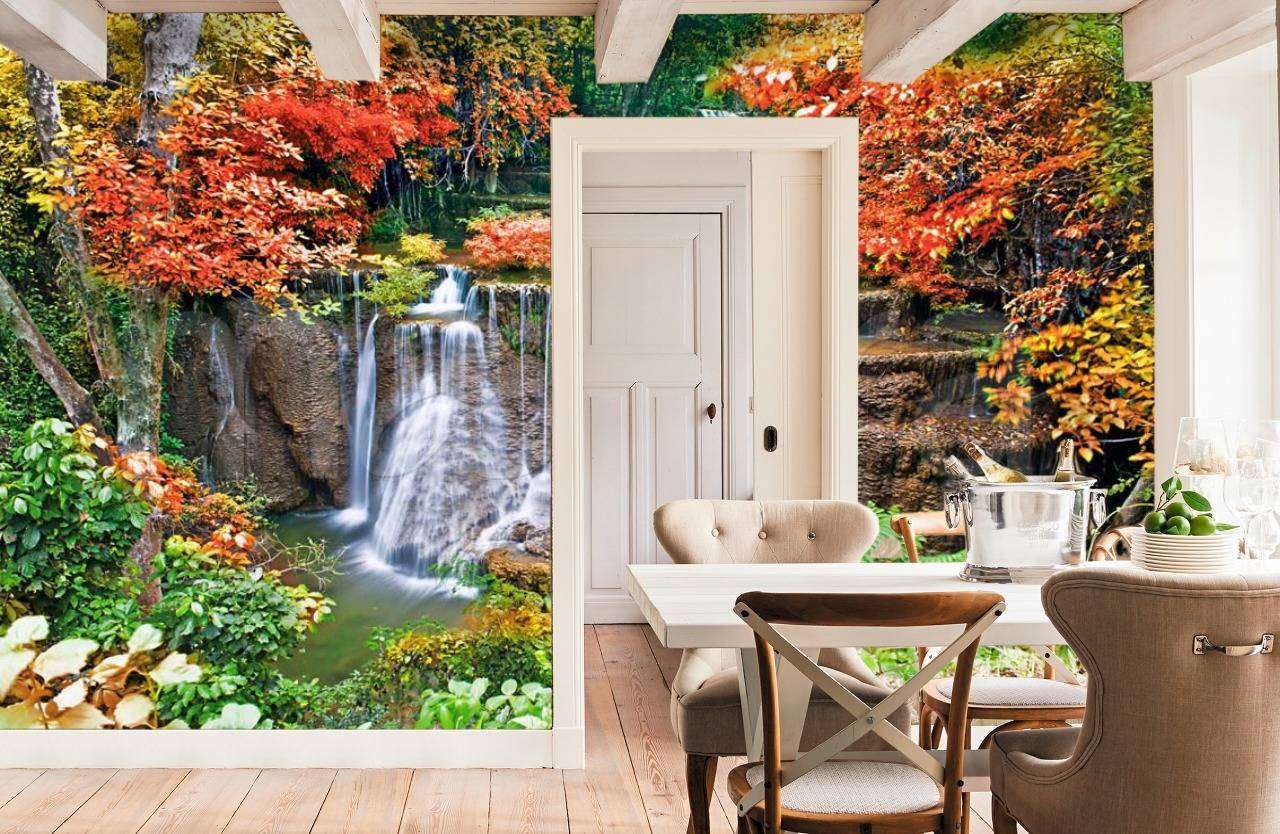 Фотообои в интерьере водопад осенние краски  4-370 фото