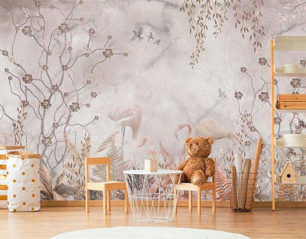 Фотообои в интерьере фламинго в тумане  12-1591 фото