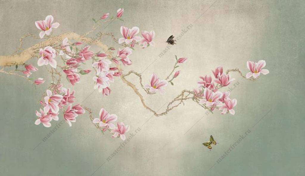 Фотообои в интерьере цветы и бабочки  15-915 фото