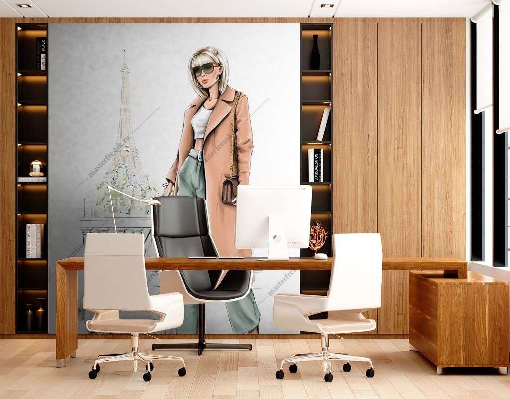 Фотообои в интерьере стильная девушка с собачкой  12-1377 фото