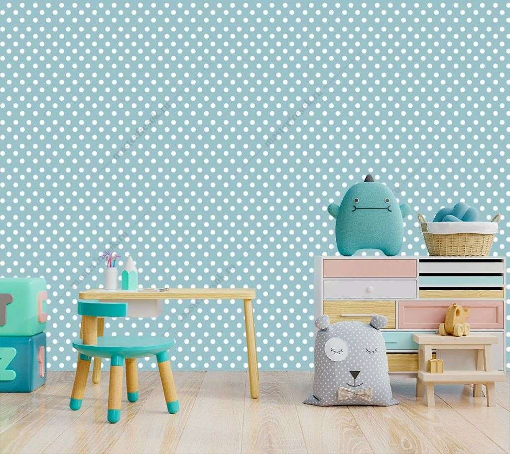 Фотообои в интерьере голубой фон в горошек  14-619 фото
