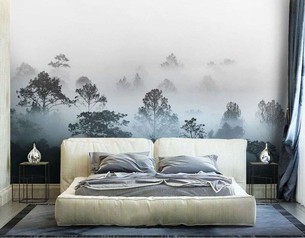 Фотообои в интерьере лес в утреннем тумане  9-2026 фото