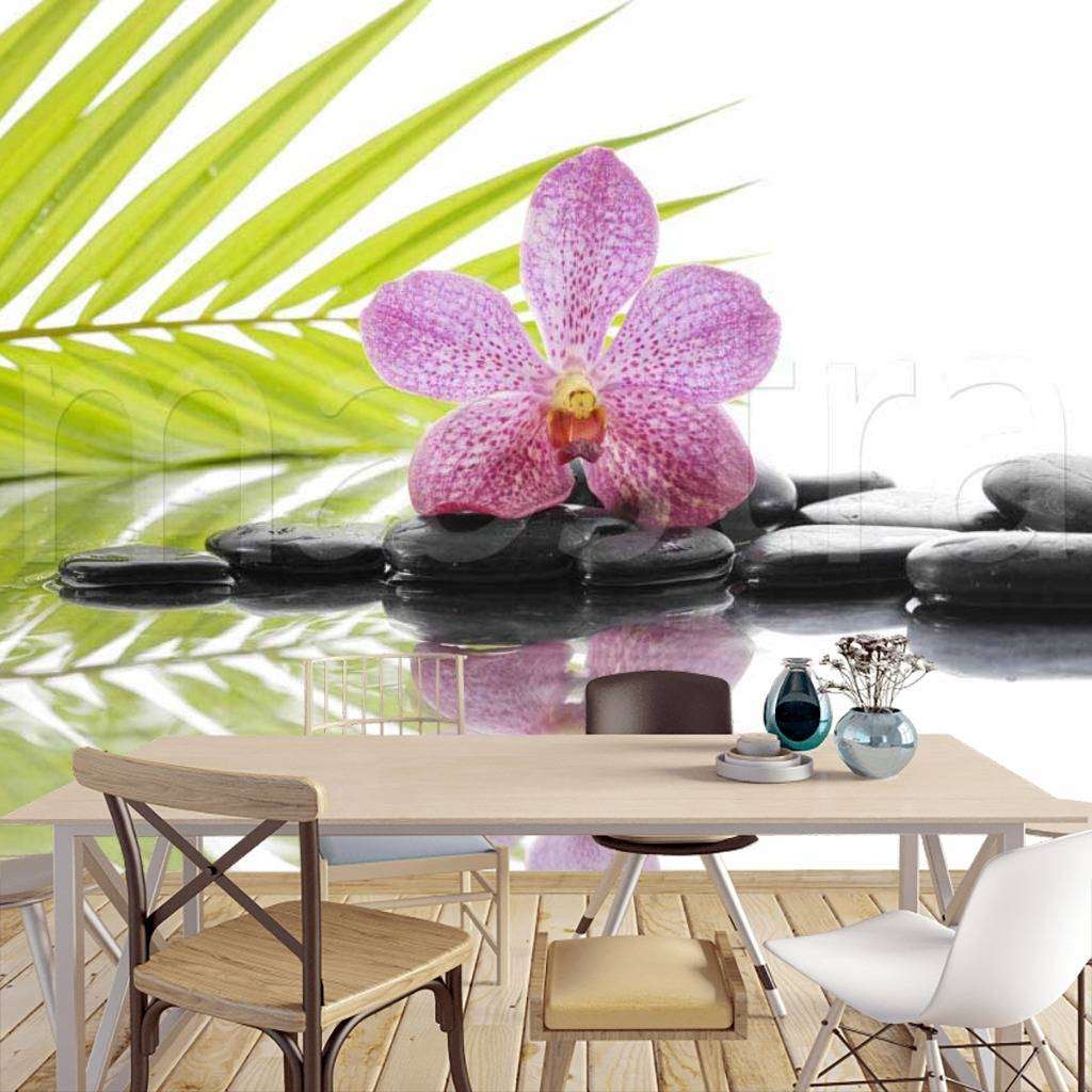 Фотообои в интерьере цветок орхидеи на черных камнях  10-205 фото