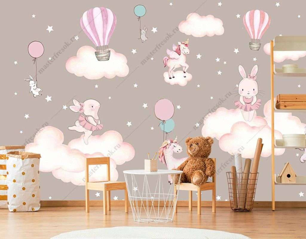 Фотообои в интерьере зайчики на облаках  12-1492 фото