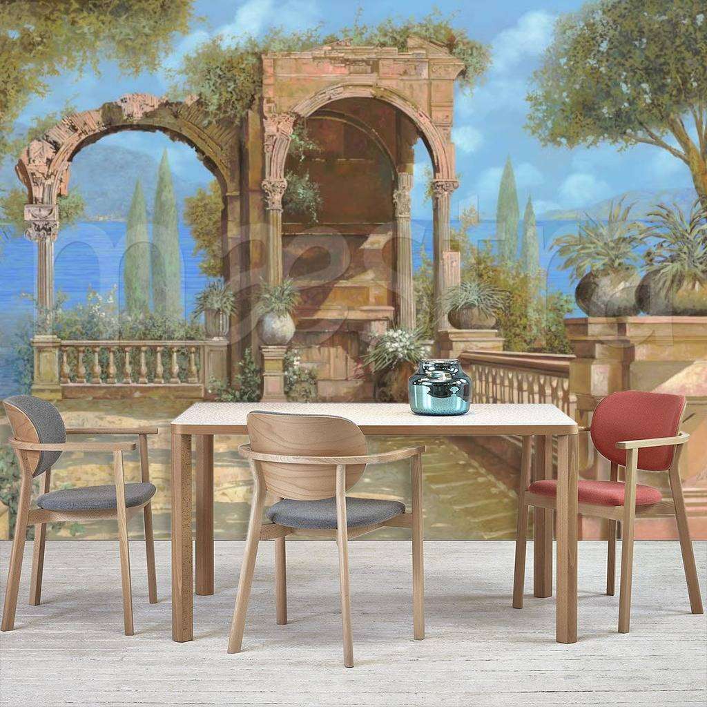 Фотообои в интерьере живописные арки на фоне моря  8-082 фото