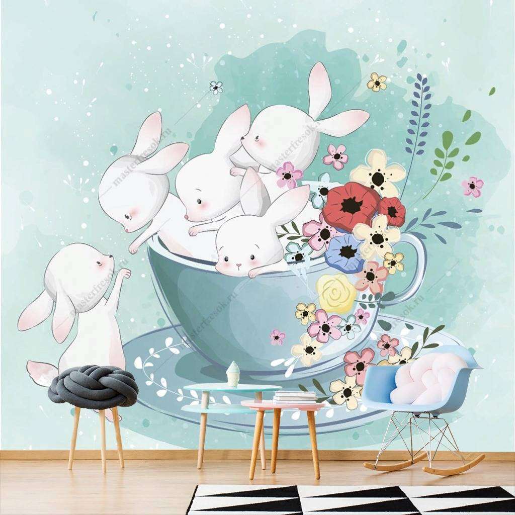 Фотообои в интерьере зайки в чашке  12-455 фото