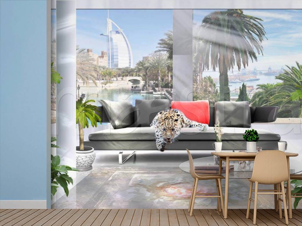 Фотообои 3d леопард в интерьере  3-076