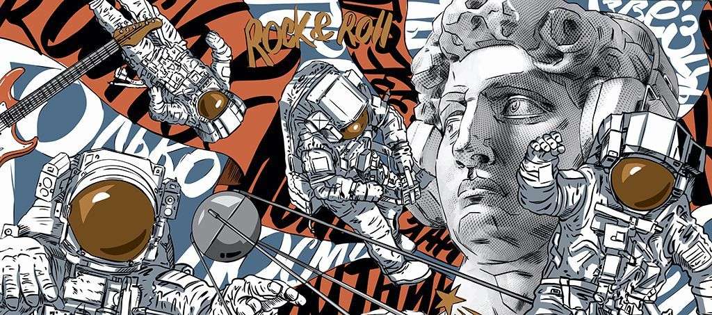 Фотообои в интерьере поп-арт космонавты   14-725 фото