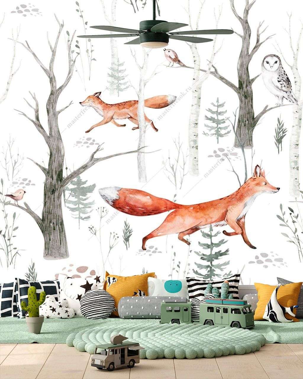 Фотообои в интерьере лисенок в лесу  12-1144 фото