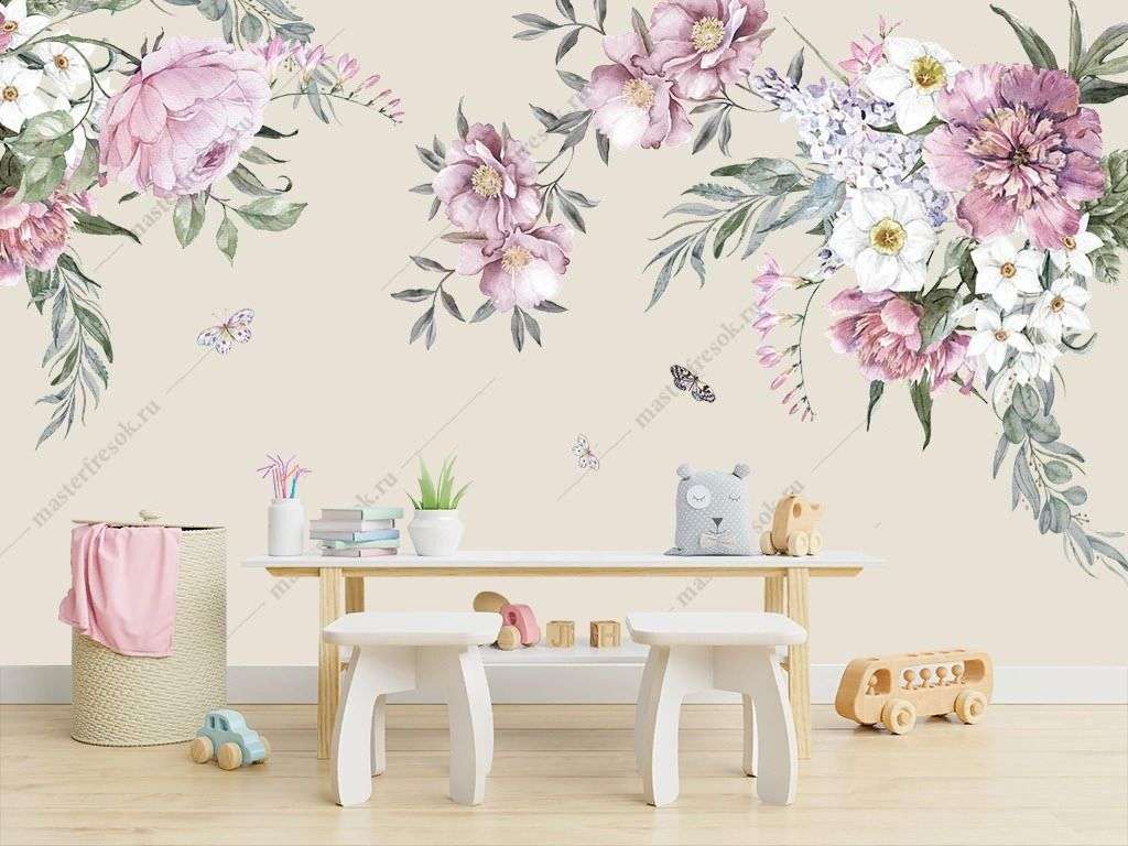 Фотообои в интерьере акварельные цветы  14-319 фото