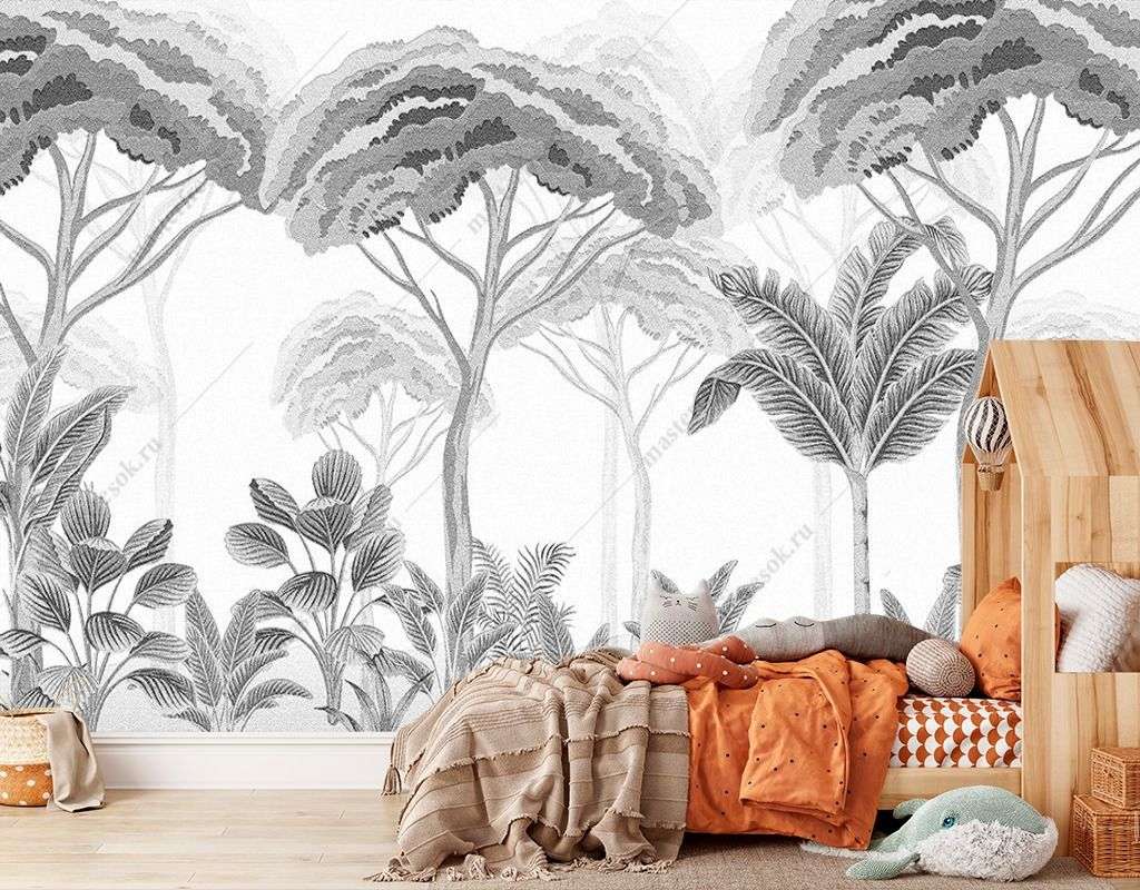 Фотообои в интерьере тропический лес черно-белый  12-1499 фото