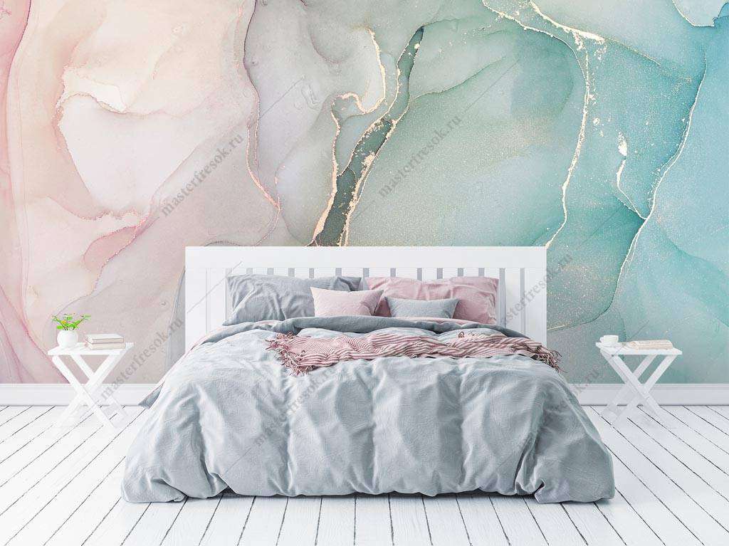 Фотообои в интерьере мятно-розовый флюид арт  9-1354 фото