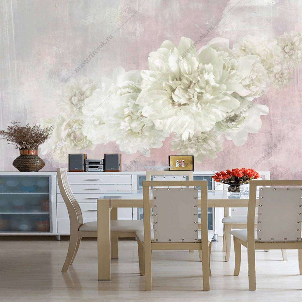 Фотообои в интерьере пионы айвори  14-127 фото