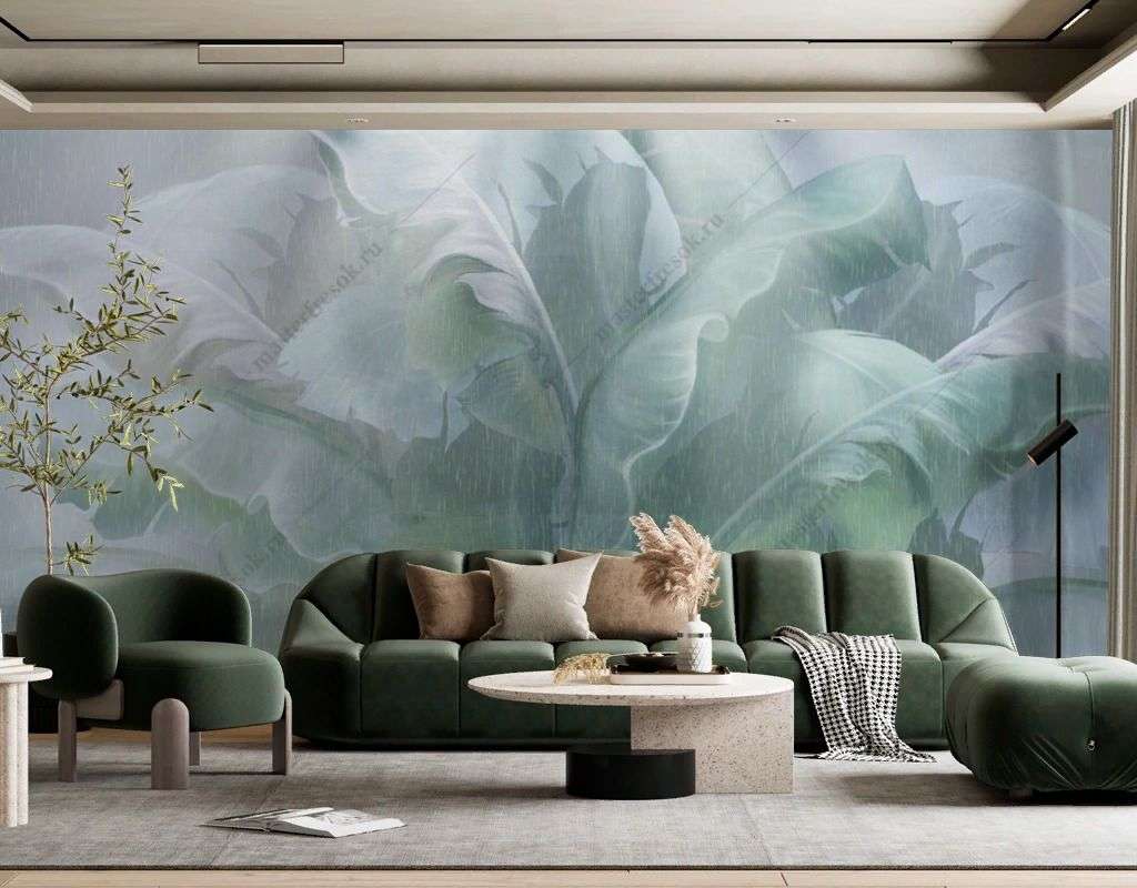Фотообои в интерьере зеленые листья банана  13-457 фото