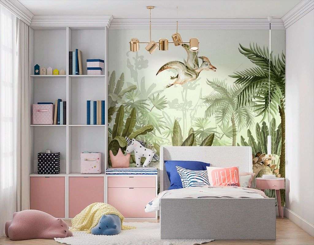 Фотообои в интерьере тропики с динозаврами  14-642 фото