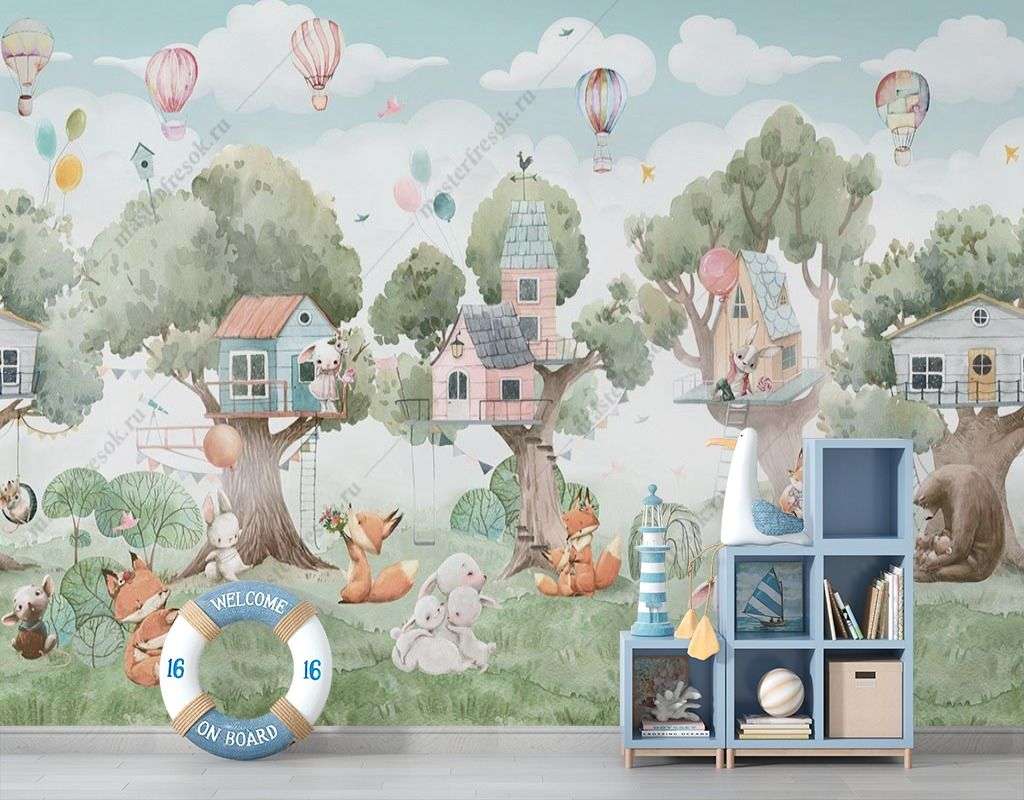 Фотообои в интерьере деревья и животные с домиками  14-371 фото