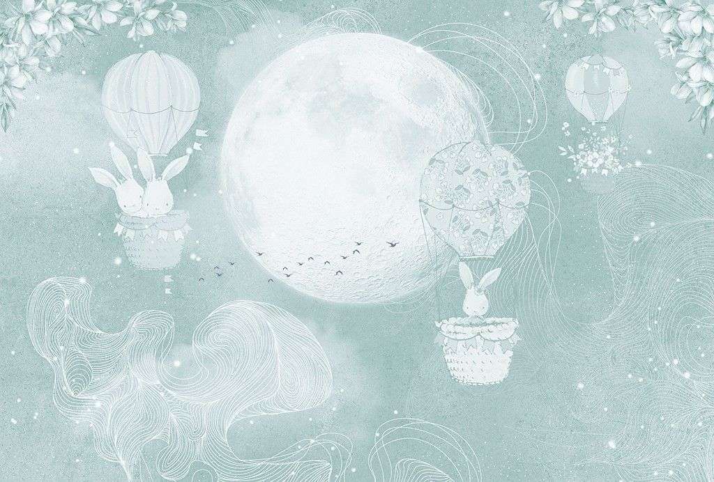 Фотообои в интерьере детские. зайки летят на шариках  12-1625 фото