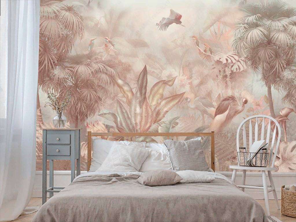 Фотообои в интерьере розовые тропики  13-267 фото