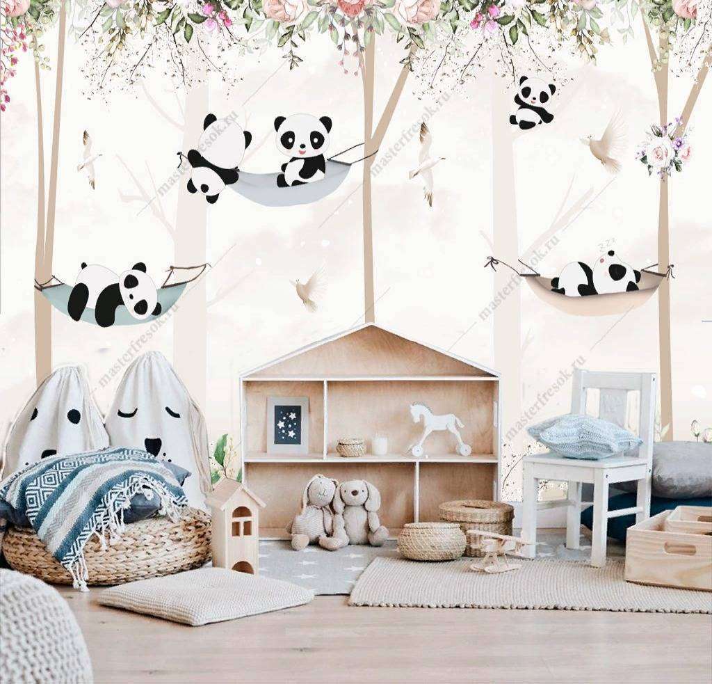 Фотообои Бесшовные обои на стену:  Панды на деревьях. Артикул: 12-810  