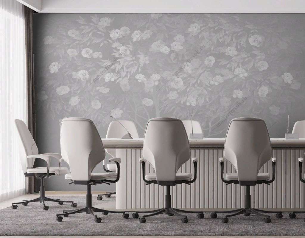 Фотообои в интерьере дерево цветущее на сером фоне  13-586 фото