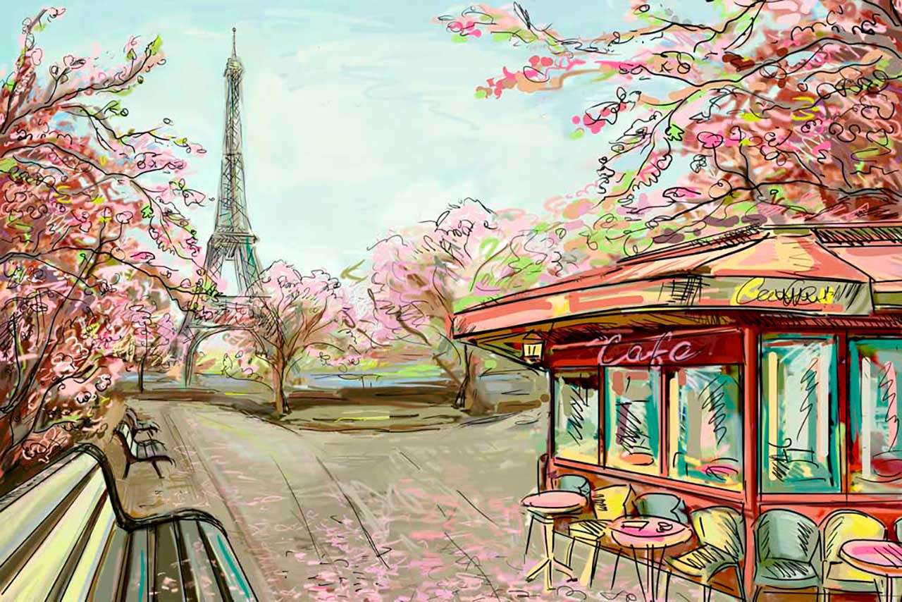 Фотообои в интерьере улочка в париже с видом на эйфелеву башню карандашами  9-774 фото